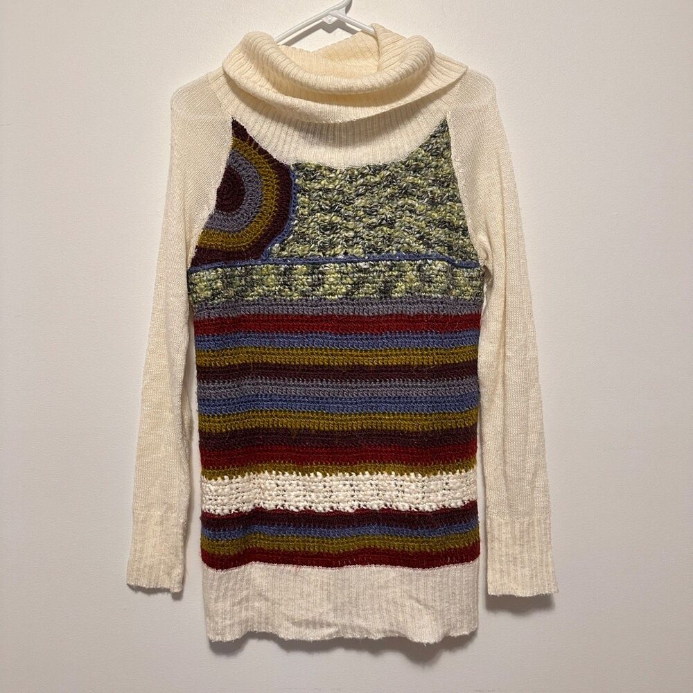 Desigual Womens Sz 4 CowlNeck Patchwork Crochet Sweater Funky Knit Whimsical Art